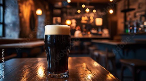 A dark beer in a glass sits on a wooden table, with a cozy bar atmosphere in the background.