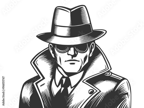 spy, secret agent, detective or killer, hat, and sunglasses, classic noir sketch engraving generative ai fictional character vector illustration. Scratch board imitation. Black and white image.