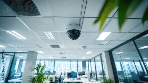 A CCTV camera mounted on a ceiling inside an office, with a focus on its discreet and unobtrusive design, highlighting its role in maintaining workplace security.