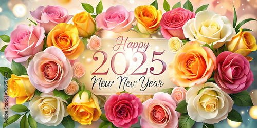 happy new year 2025 card with flower roses