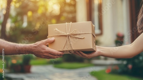 Colorful clay render of a package being handed from a delivery driver to a customer outside a house Large space for text in center Stock Photo with copy space