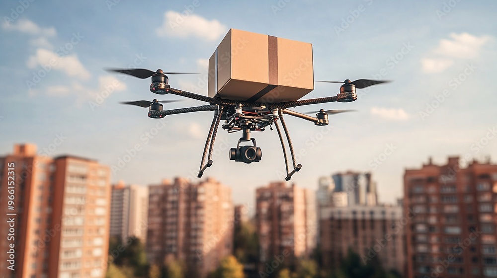 Clay-style delivery drone lowering a package onto a balcony with a clay-modeled cityscape in the background Large space for text in center Stock Photo with copy space Clay-style delivery drone lowering a package onto a balcony with a clay-modeled cityscape in the background Large space for text in center Stock Photo with copy space