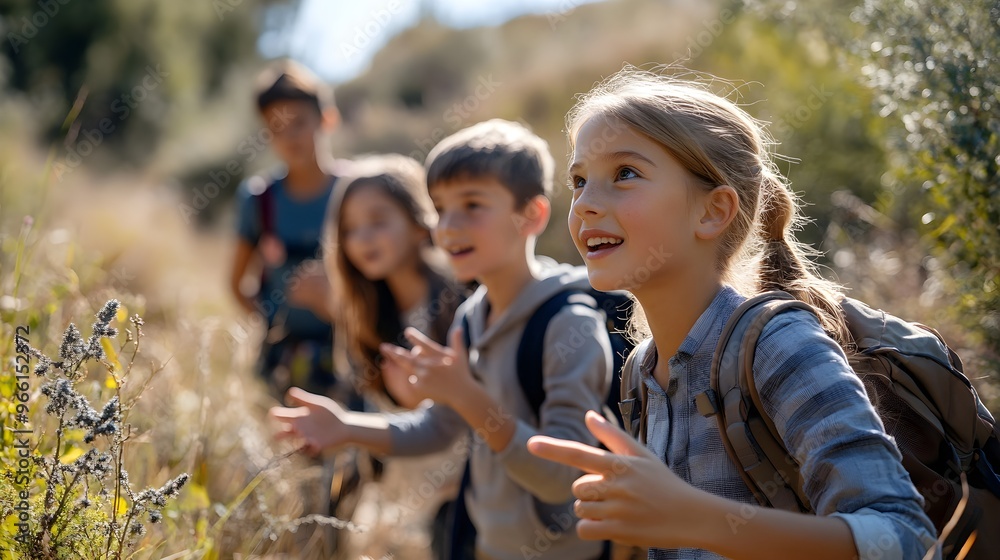 Obraz premium Happy Kids Hiking In Nature With Backpacks