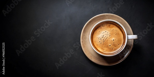 Cup of Coffee on Black Background. Top View Copy Space
