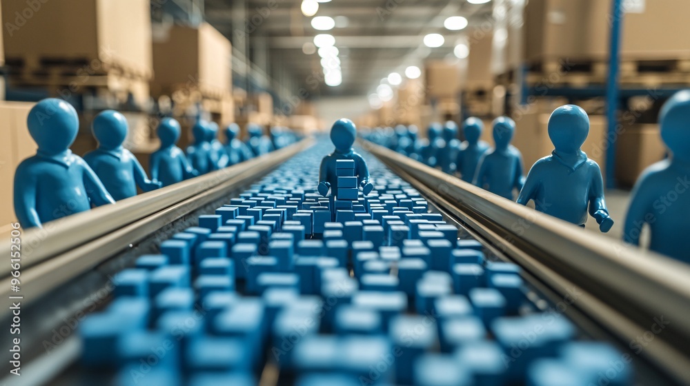 Clay-style conveyor belt moving packages toward delivery trucks in a warehouse scene with clay-modeled workers Large space for text in center Stock Photo with copy space Clay-style conveyor belt moving packages toward delivery trucks in a warehouse scene with clay-modeled workers Large space for text in center Stock Photo with copy space
