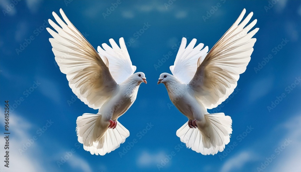 Two white doves in flight, wings spread wide, facing each other. Two white doves in flight, wings spread wide, facing each other.