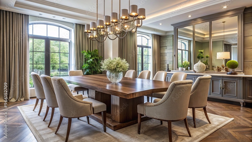 Fototapeta premium Close-Up of a Chic Dining Area Featuring a Stylish Wooden Table Ideal for Modern Interiors