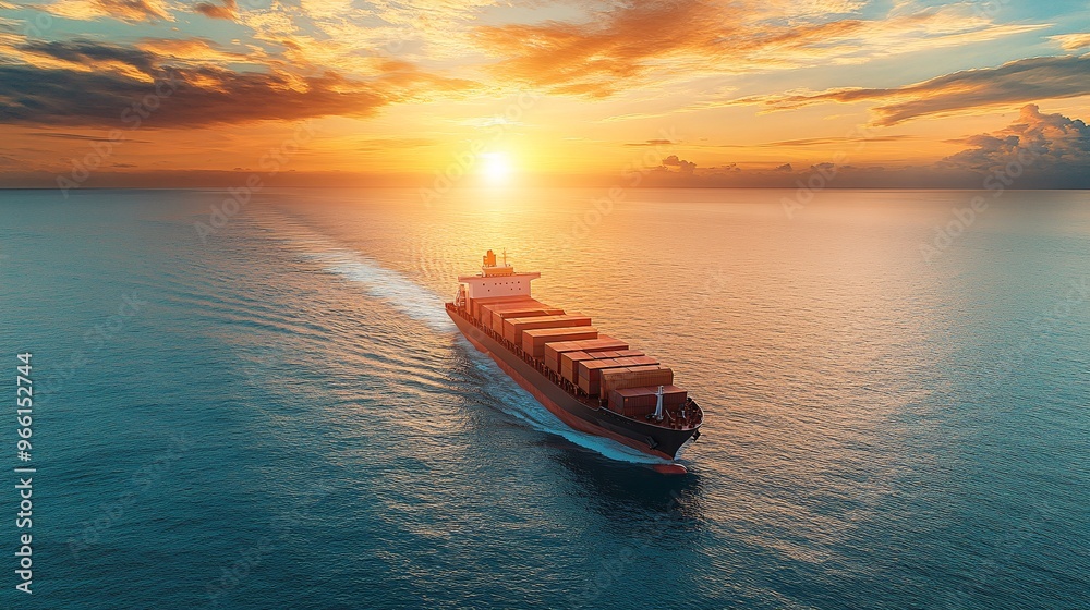 3D clay-style cargo ship carrying delivery containers across a calm ocean with a clay sun setting on the horizon Large space for text in center Stock Photo with copy space 3D clay-style cargo ship carrying delivery containers across a calm ocean with a clay sun setting on the horizon Large space for text in center Stock Photo with copy space