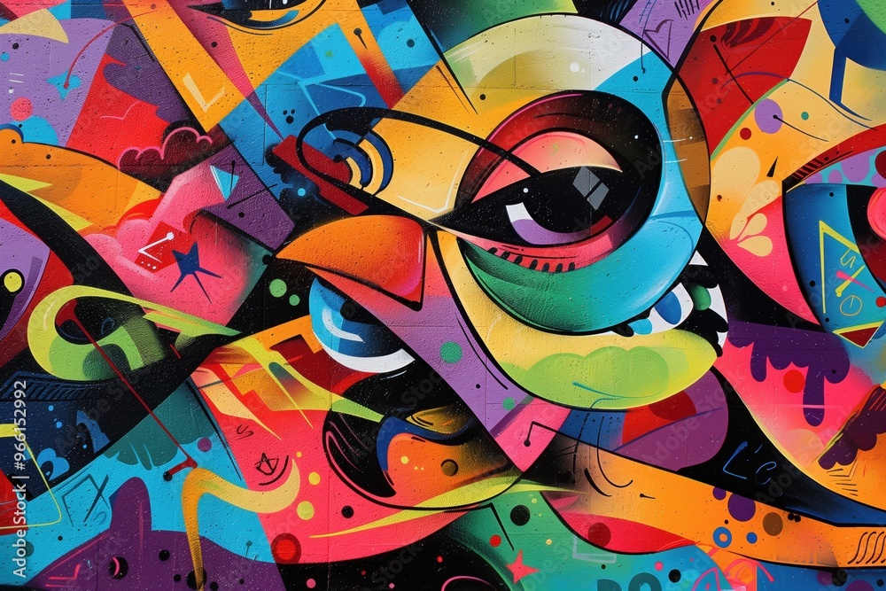Obraz premium A vibrant and colorful abstract graffiti mural featuring bold shapes and expressive lines. The artwork combines various hues, creating a dynamic visual experience with elements of street art.