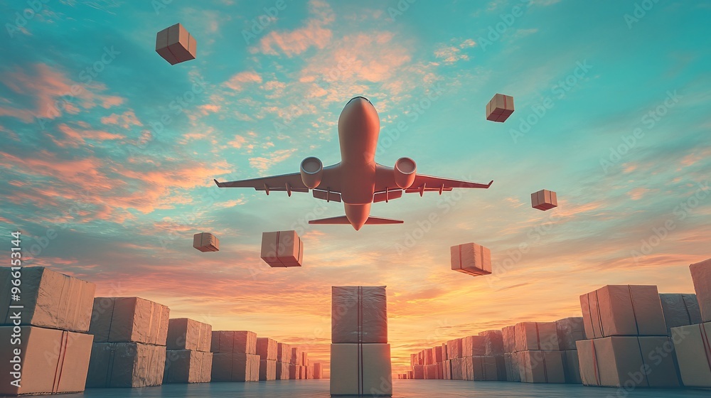 Clay-modeled airplane flying through a colorful sky with packages dropping down via parachutes Large space for text in center Stock Photo with copy space Clay-modeled airplane flying through a colorful sky with packages dropping down via parachutes Large space for text in center Stock Photo with copy space
