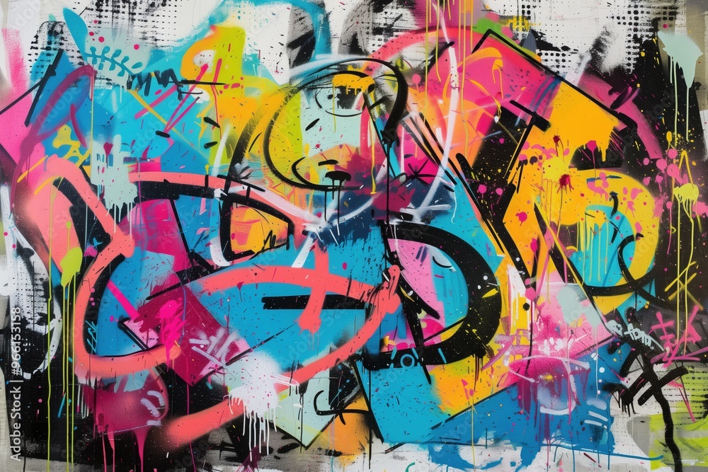 A vibrant graffiti mural featuring a mix of bright colors including pink, yellow, blue, and black. The artwork showcases abstract shapes and bold lettering, creating a dynamic urban aesthetic. A vibrant graffiti mural featuring a mix of bright colors including pink, yellow, blue, and black. The artwork showcases abstract shapes and bold lettering, creating a dynamic urban aesthetic.