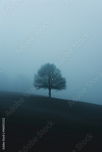 A tree stands alone in a foggy field