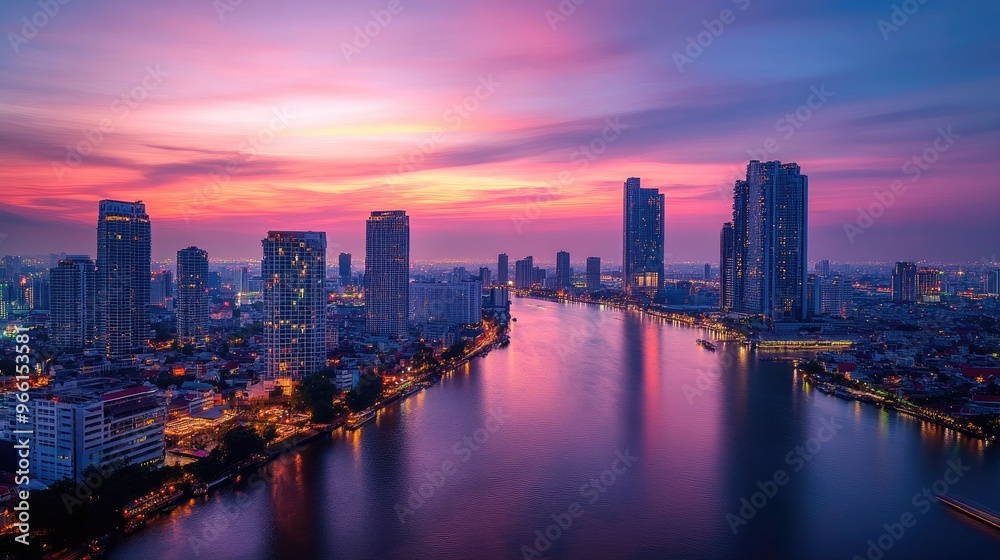 A cityscape featuring tall high-rise buildings along the riverbank, with a vibrant skyline at sunset and the river illuminated by city lights. A cityscape featuring tall high-rise buildings along the riverbank, with a vibrant skyline at sunset and the river illuminated by city lights.