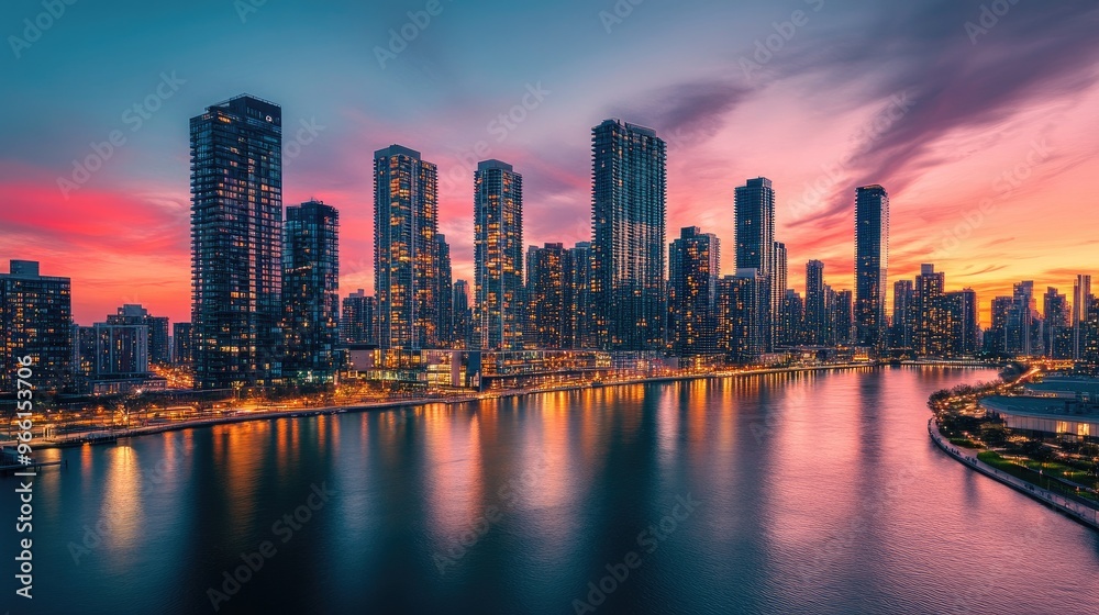 Fototapeta premium A cityscape featuring tall high-rise buildings along the riverbank, with a vibrant skyline at sunset and the river illuminated by city lights.