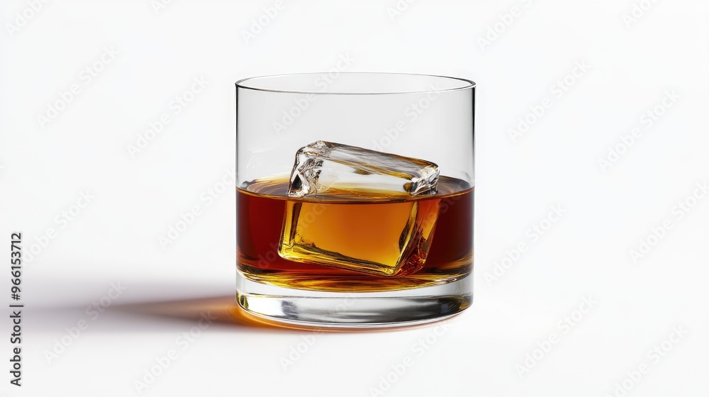 A classic glass of whiskey with a single large ice cube, set against a white backdrop, highlighting the rich amber color and the elegance of the drink. A classic glass of whiskey with a single large ice cube, set against a white backdrop, highlighting the rich amber color and the elegance of the drink.