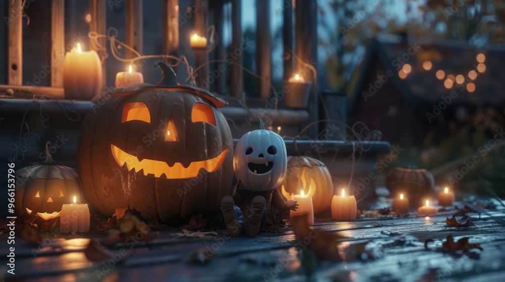 Fototapeta premium Spooky Halloween scene with carved pumpkins, candles, and a doll on a wooden porch at night.