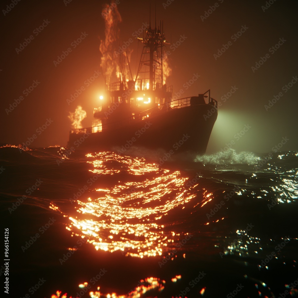 Fototapeta premium Stormy Night at Sea: Fishing Boat Battling Turbulent Waves in Misty Darkness. Cinematic Atmospheric Scene with Reflections and Wide-Angle View. Ideal for Marketing Campaigns and 4K Wallpapers.
