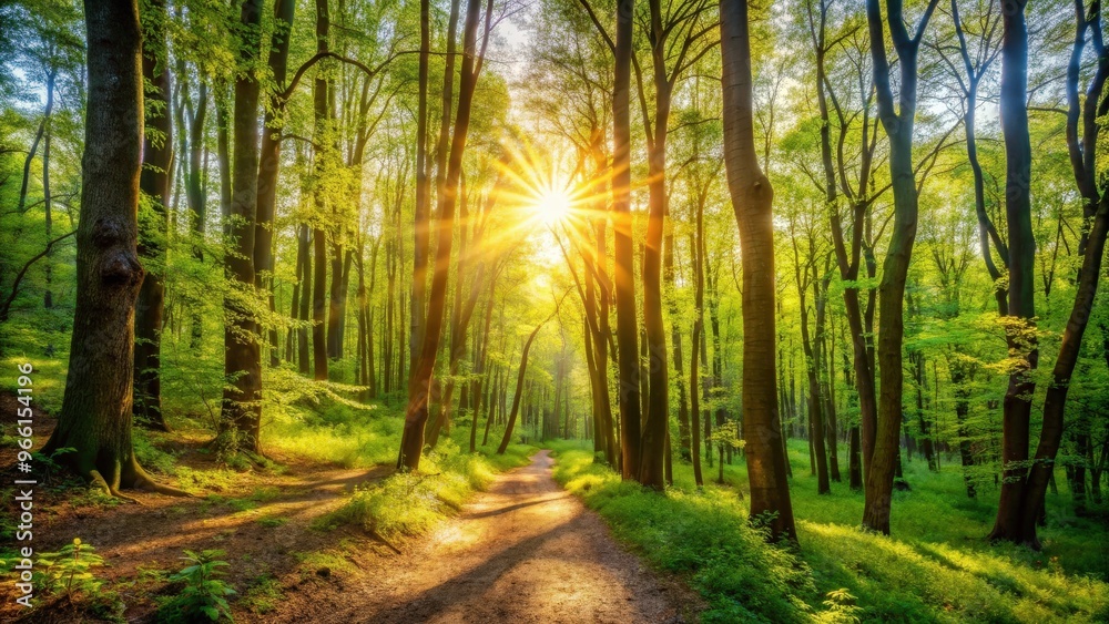 Obraz premium Sunny spring forest with sun shining through trees and a hiking trail