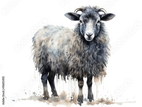Wallpaper Mural Watercolor Black Sheep Portrait Isolated, Aquarelle Lamb, Creative Watercolor White Sheep Torontodigital.ca