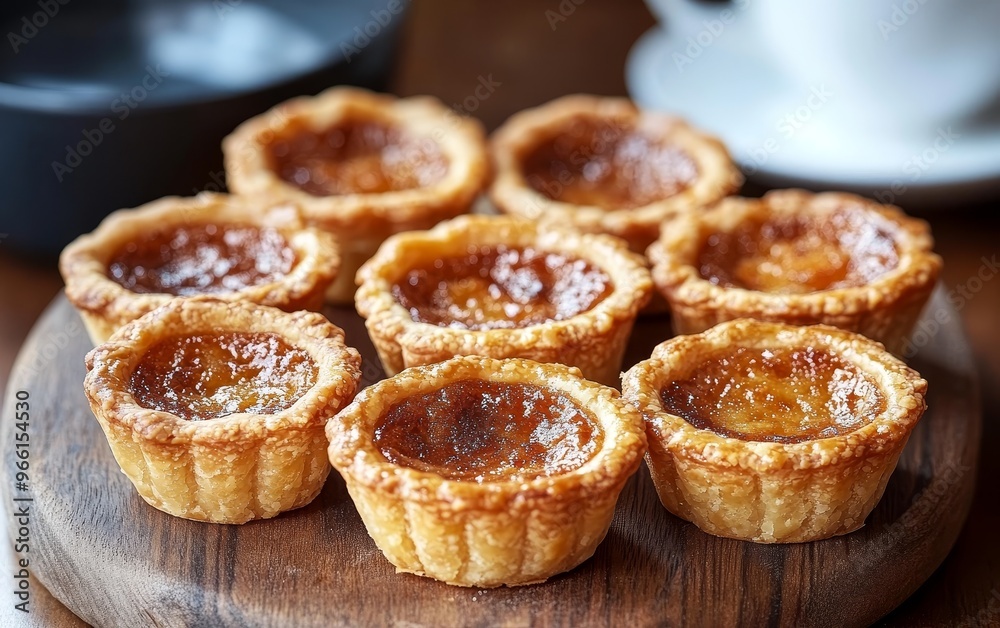 A close-up of delicious caramelized tarts arranged on a wooden platter, perfect for dessert or a sweet snack. A close-up of delicious caramelized tarts arranged on a wooden platter, perfect for dessert or a sweet snack.