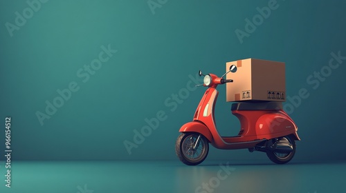 Cartoon-style scooter with a delivery box on the back standing on a minimal clean surface ready for transport Large space for text in center Stock Photo with copy space