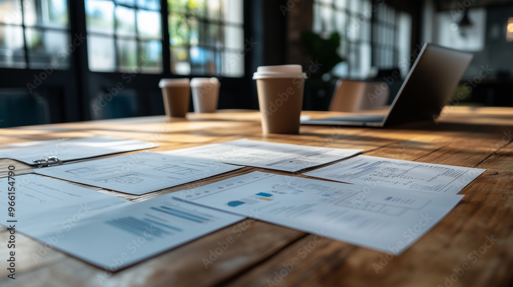A wooden table in an open office with papers and coffee cups scattered around, showing wireframe flow charts on the surface of one side of it. A laptop is also placed next to them. A wooden table in an open office with papers and coffee cups scattered around, showing wireframe flow charts on the surface of one side of it. A laptop is also placed next to them.