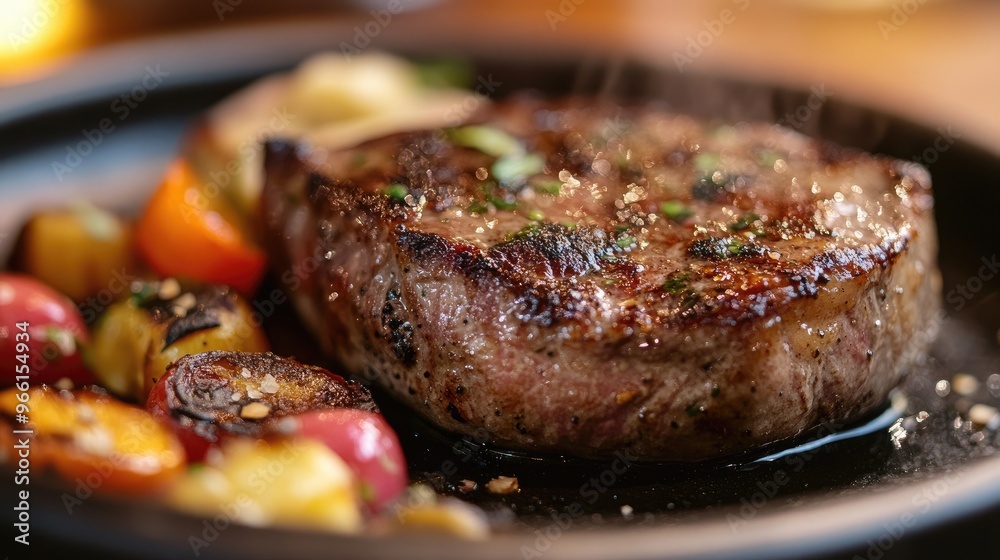 A close-up of a beautifully seared steak on a sizzling hot plate, with a rich, caramelized crust and a side of colorful roasted vegetables. A close-up of a beautifully seared steak on a sizzling hot plate, with a rich, caramelized crust and a side of colorful roasted vegetables.