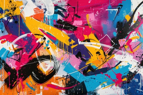 A vibrant abstract graffiti painting featuring bold colors like pink, orange, yellow, and black. The artwork showcases dynamic brush strokes and splatters, creating an energetic and modern feel.