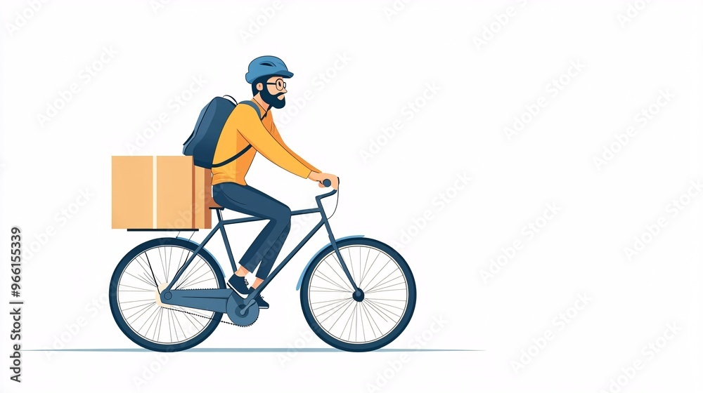 Cartoon-style bicycle courier with a delivery box on the back riding through a clean white background Large space for text in center Stock Photo with copy space Cartoon-style bicycle courier with a delivery box on the back riding through a clean white background Large space for text in center Stock Photo with copy space