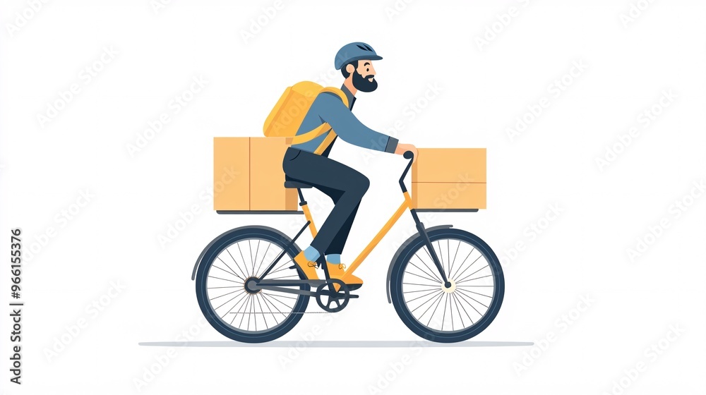 Cartoon-style bicycle courier with a delivery box on the back riding through a clean white background Large space for text in center Stock Photo with copy space Cartoon-style bicycle courier with a delivery box on the back riding through a clean white background Large space for text in center Stock Photo with copy space