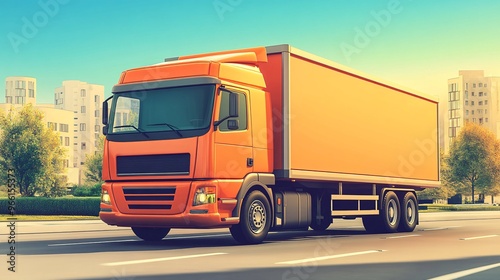 Cartoon-style delivery truck with a huge cargo box driving across a bright clean space Large space for text in center Stock Photo with copy space