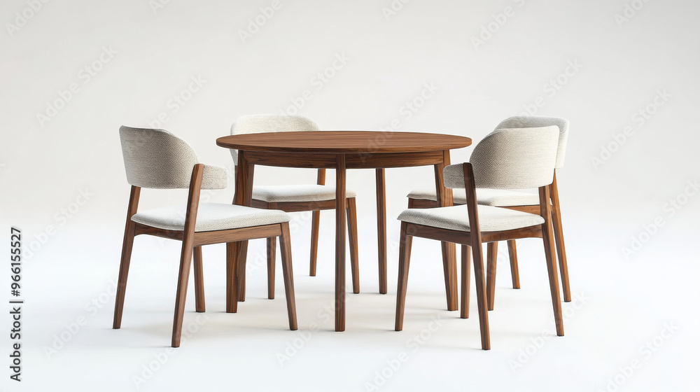 A stylish dining table and chairs, made of wood and fabric, are shown against a plain white backdrop. This set is perfect for a modern kitchen. A stylish dining table and chairs, made of wood and fabric, are shown against a plain white backdrop. This set is perfect for a modern kitchen.