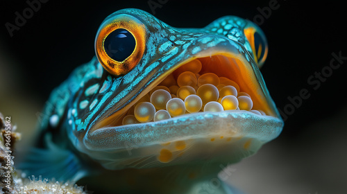 Fish in the ocean. A male jawfish with a mouth full of eggs. The translucent eggs are slightly visible through the jawfishes open mouth, capturing the moment when its carrying its offspring 