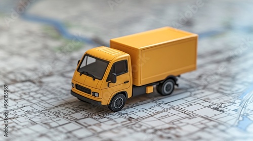 3D render of a cartoon-style app interface showing a transport and delivery map on a clean surface Large space for text in center Stock Photo with copy space