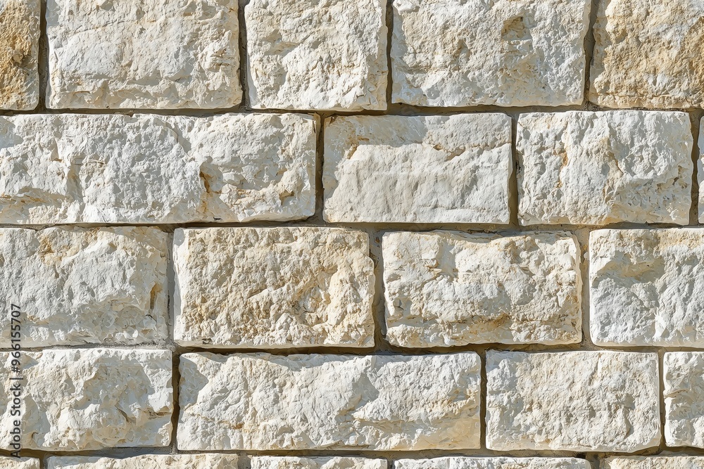 Fototapeta premium Textured limestone cladding stone wall made of large, irregularly shaped blocks in various shades of white and beige.