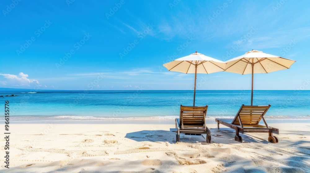 A beach scene with two umbrellas and two beach chairs A beach scene with two umbrellas and two beach chairs
