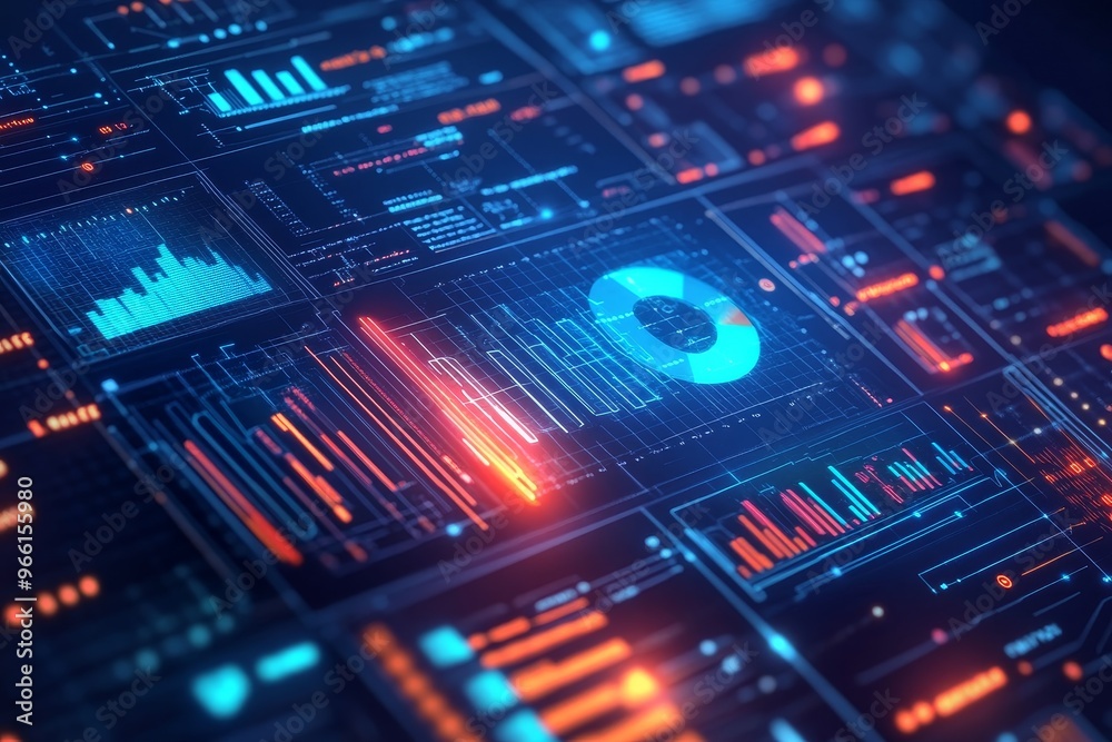 Futuristic interface with blue and red glowing graphs and charts. Futuristic interface with blue and red glowing graphs and charts.