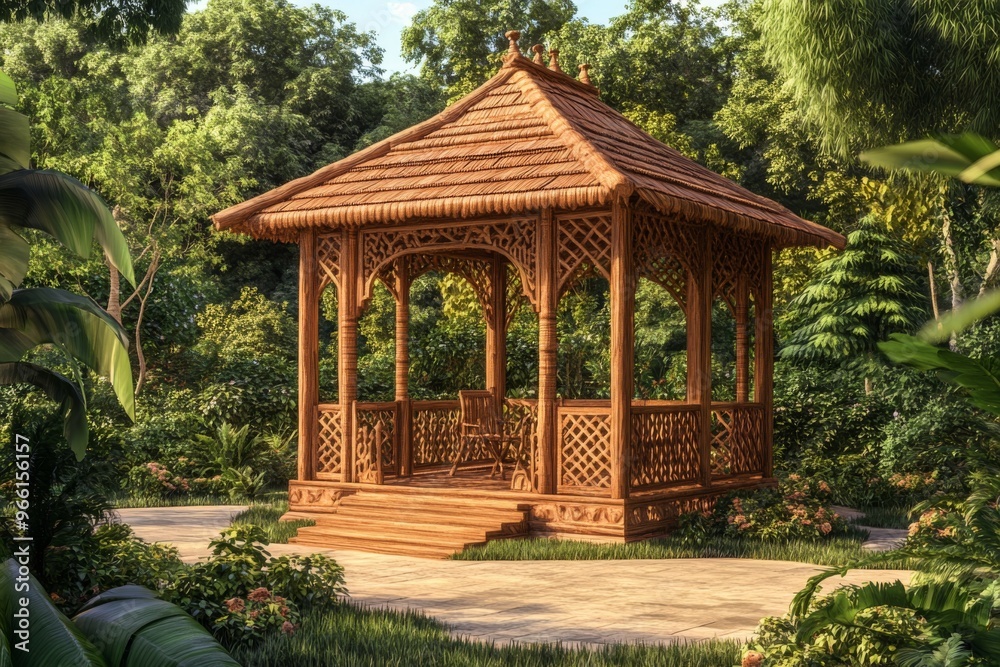 Naklejka premium a beautifully crafted wooden sukkah, adorned with intricate carvings and a thatched roof, set amidst a serene garden illustration