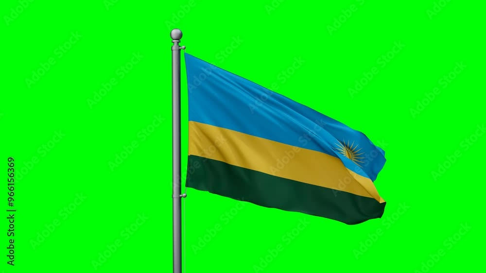 Republic of Rwanda flag waving in the wind with colored chroma key with green background