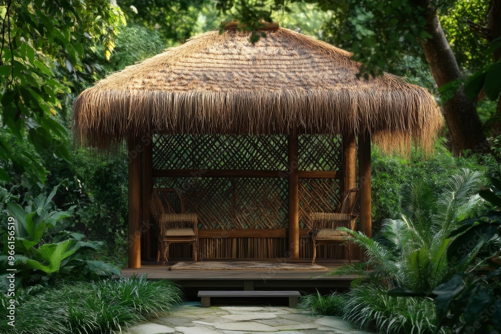 a beautifully decorated sukkah, featuring a thatched roof and a beautifully crafted wooden structure, set amidst a lush garden a beautifully decorated sukkah, featuring a thatched roof and a beautifully crafted wooden structure, set amidst a lush garden