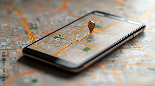 Cartoon-style ride-hailing app interface displayed on a smartphone screen showing a route map on a clean background Large space for text in center Stock Photo with copy space