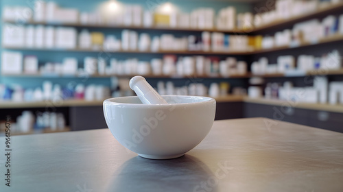 A white mortar and pestle sit on a counter in a modern pharmacy, with shelves of medical supplies blurred in the background. Space is available for text. This is a close-up shot. photo