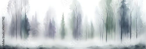 Abstract forest watercolor with fading trees in soft gray and green, evoking the quiet calm of morning fog. A serene and minimalist nature piece.