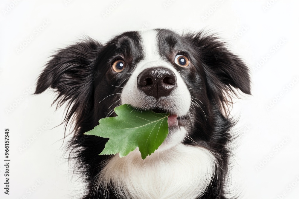 a border collie dog, shot from directly above, its fur fluffed up around its face, holding a leaf in its mouth and gazing up with an adorable expression illustration a border collie dog, shot from directly above, its fur fluffed up around its face, holding a leaf in its mouth and gazing up with an adorable expression illustration