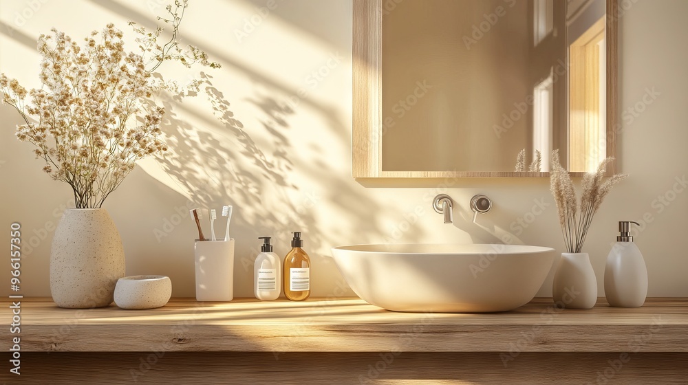 Minimalist Bathroom Interior with Wooden Countertop and Elegant Washbasin - AI generated illustration Minimalist Bathroom Interior with Wooden Countertop and Elegant Washbasin - AI generated illustration