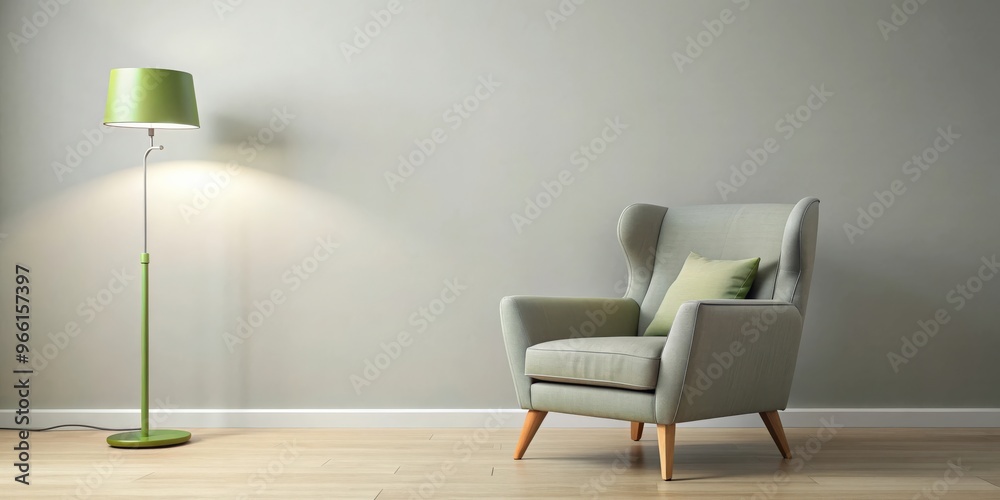 Modern grey armchair with a light green lamp in a contemporary setting Modern grey armchair with a light green lamp in a contemporary setting