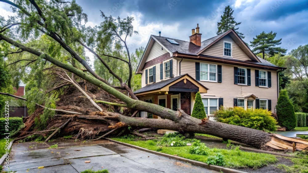 Stock photo of severe wind damage to trees and buildings in a storm Stock photo of severe wind damage to trees and buildings in a storm