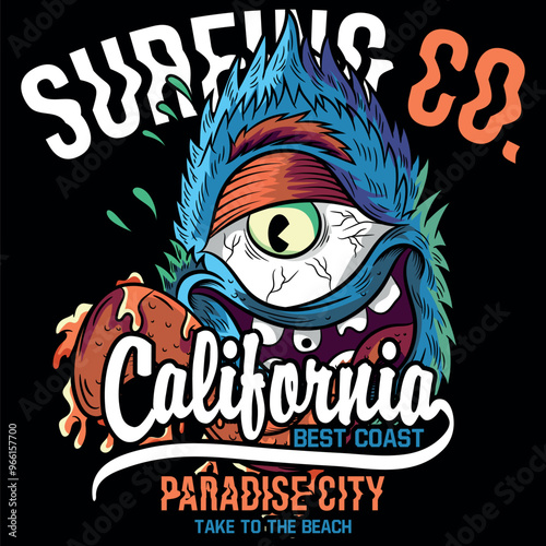 Illustration of a cyclops monster with its tongue sticking out and simulated slime. Urban design and tattoo with modern skateboard style texts. Colors and deformations in the texts.