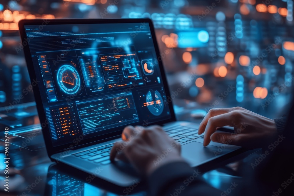 Person's hands typing on a laptop with a blue and orange futuristic interface. Person's hands typing on a laptop with a blue and orange futuristic interface.