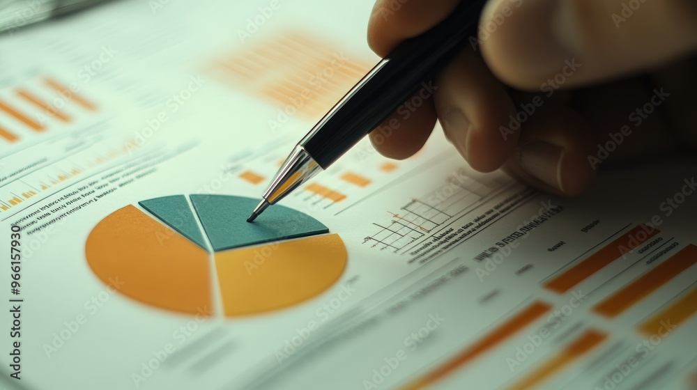 A close-up of a financial presentation slide showing a pie chart with different revenue streams, accompanied by a business professional taking notes A close-up of a financial presentation slide showing a pie chart with different revenue streams, accompanied by a business professional taking notes